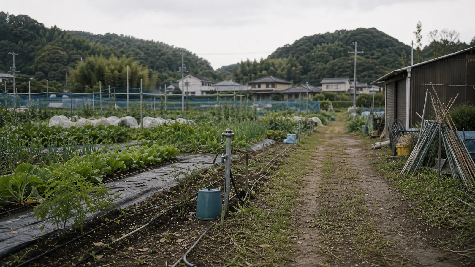 農地の通路と灌水設備のある畑