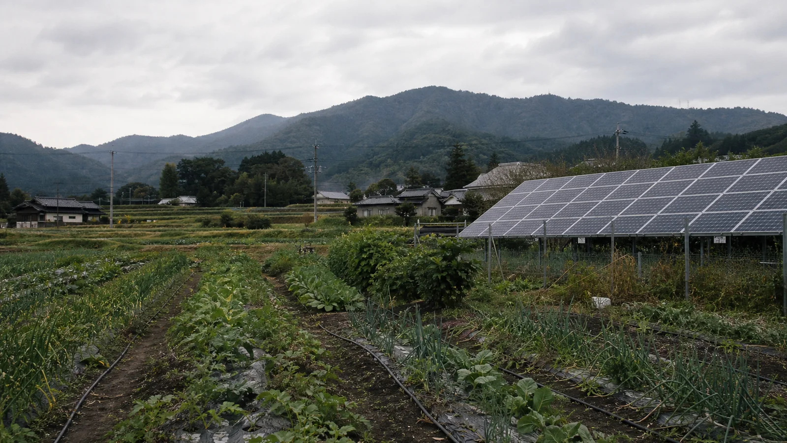 曇天の農地に設置された太陽光パネル