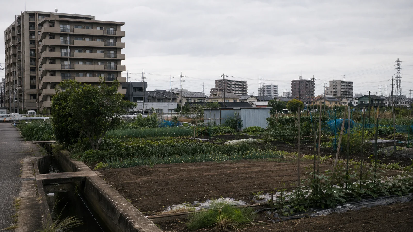 都市の建物と農地が並ぶ比較風景